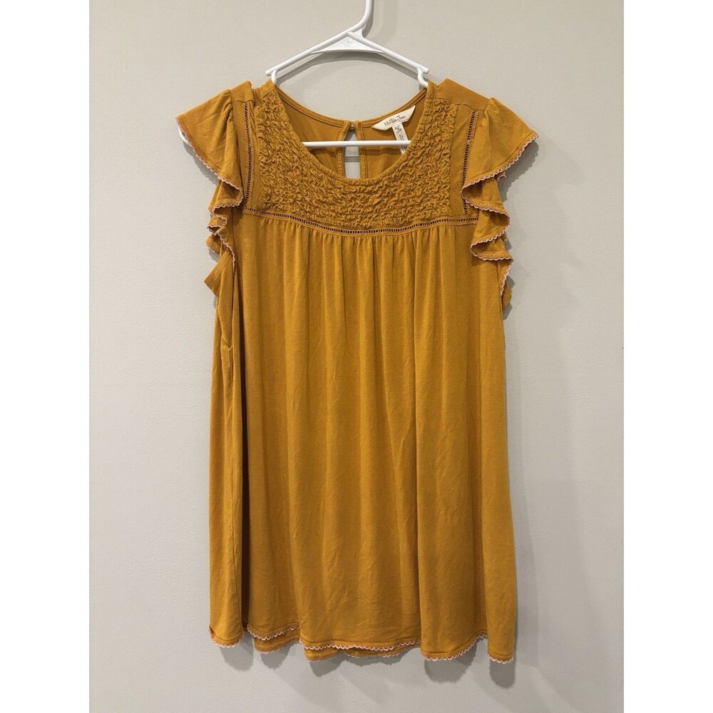 Matilda Jane Women’s Size M Mustard Yellow Flowy Blouse With Pink‎ Lace Trim